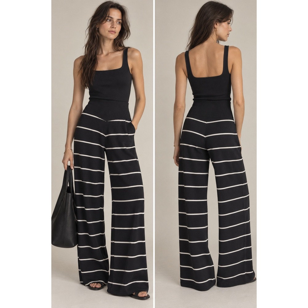 Gabrielle Union Wide Leg Knit Pants Womens M Black Striped High Rise Preppy Chic